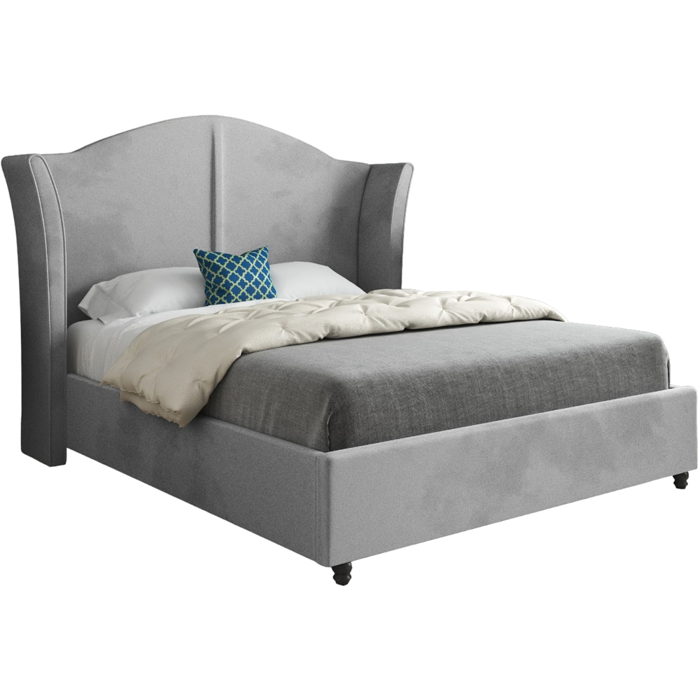 Zampa Small Double Grey Soft Velvet Upholstered Bed Frame with Curved Winged Headboard Image 2