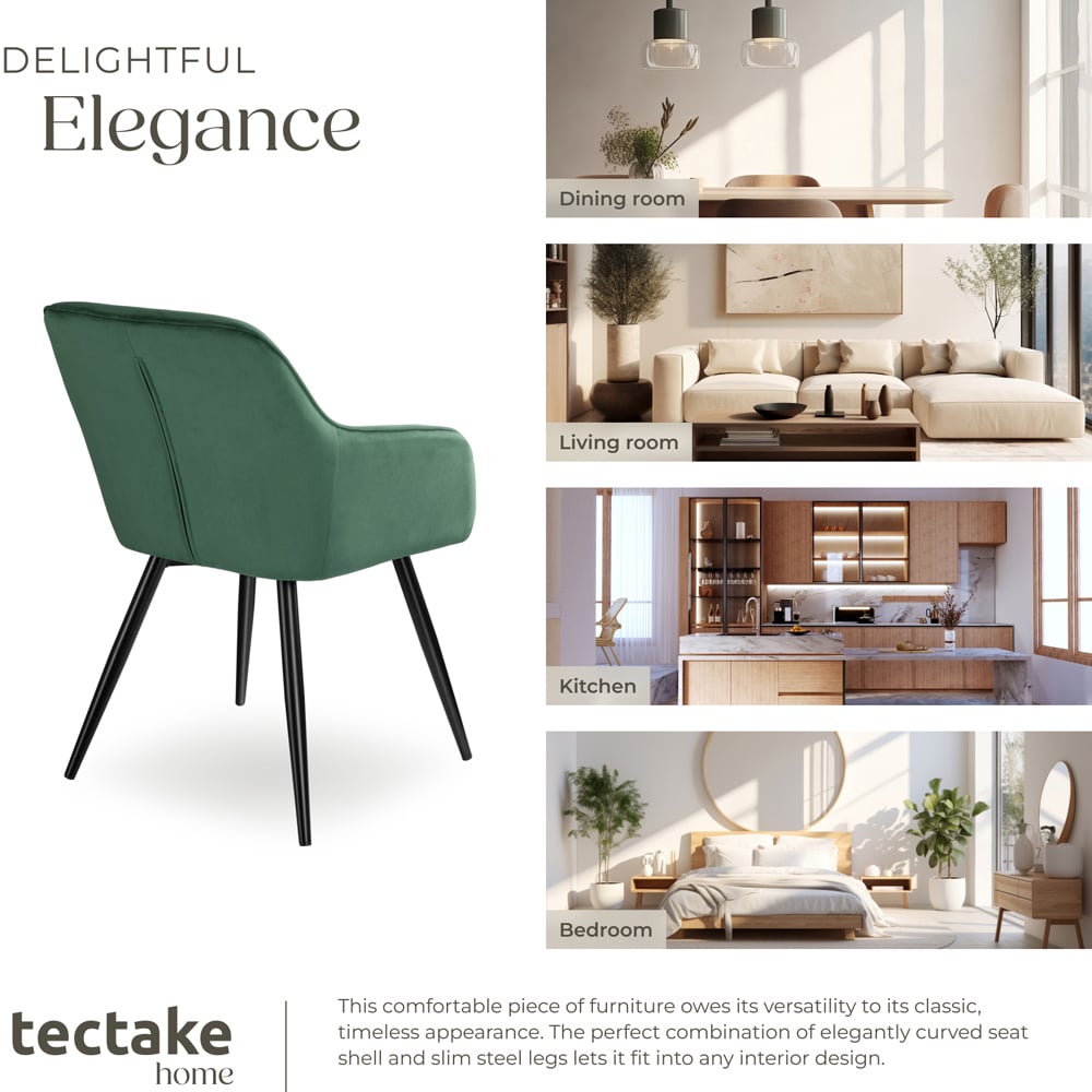tectake Marilyn Set of 8 Dark Green and Black Velvet Look Padded Dining Chairs Image 7