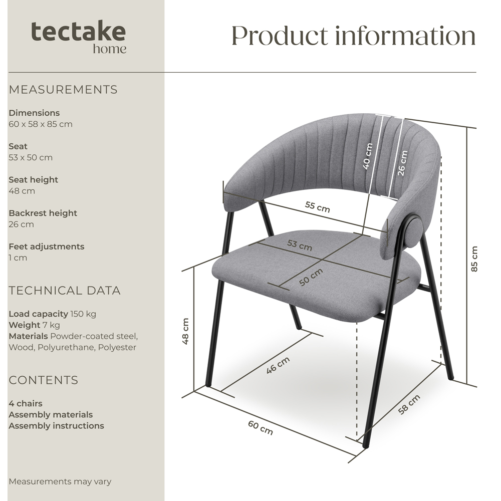tectake Bedano Set of 4 Grey Dining Chair Image 9