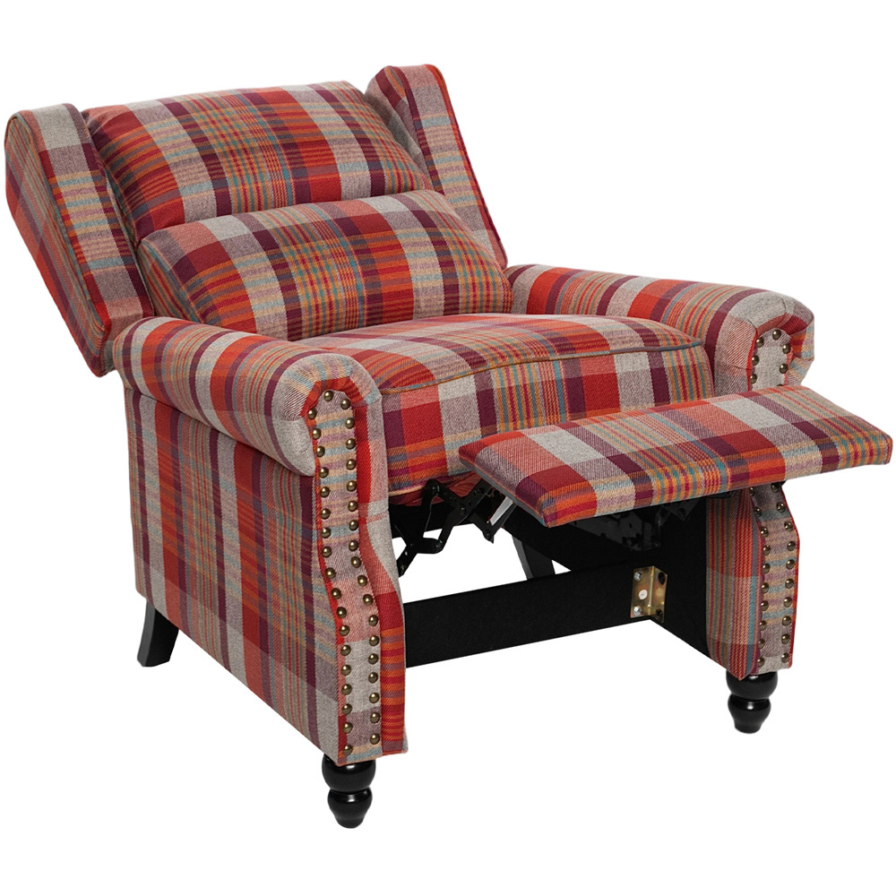 Living and Home Red Plaid Wingback Recliner Armchair with Adjustable Backrest and Footrest Image 3