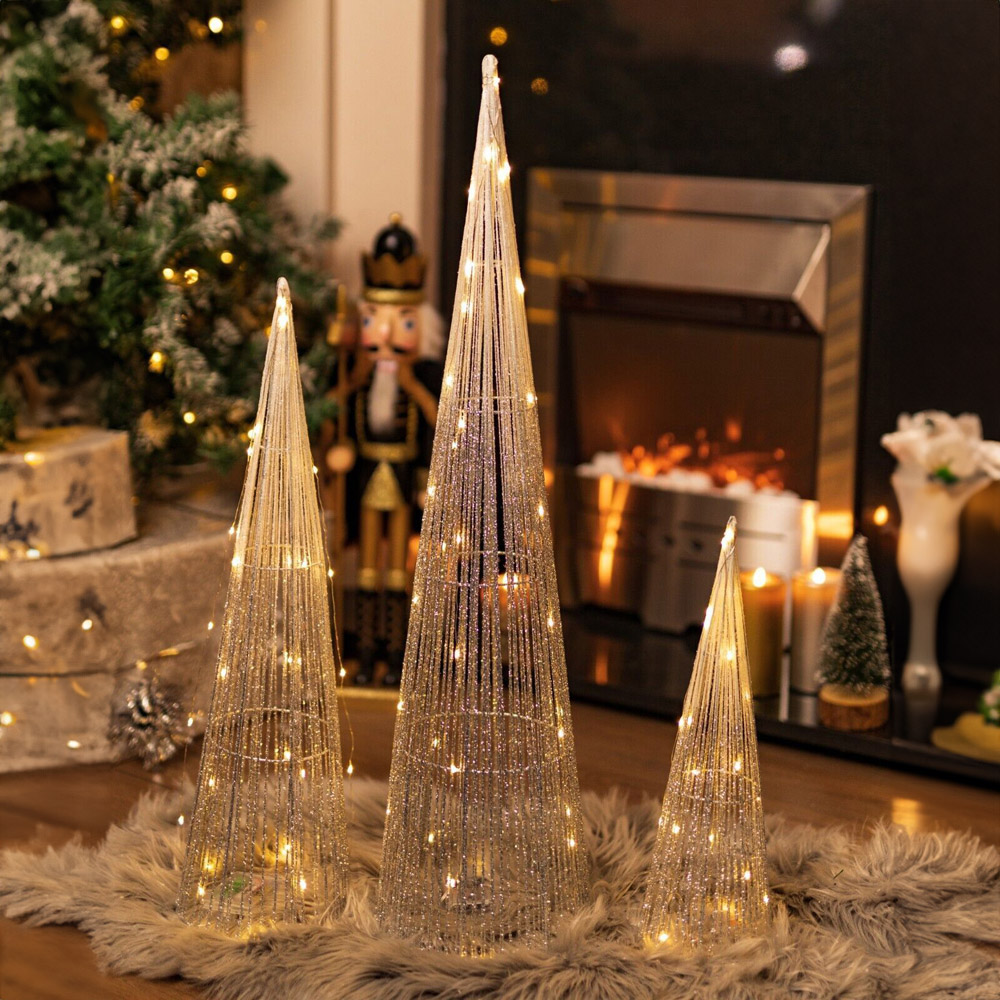 Marco Paul Silver LED Sparkly Tree Obelisk Decoration 3 Pack Image 2