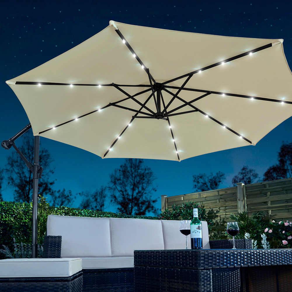 Garden Gear Cream Solar LED Cantilever Parasol with Cover Image 2
