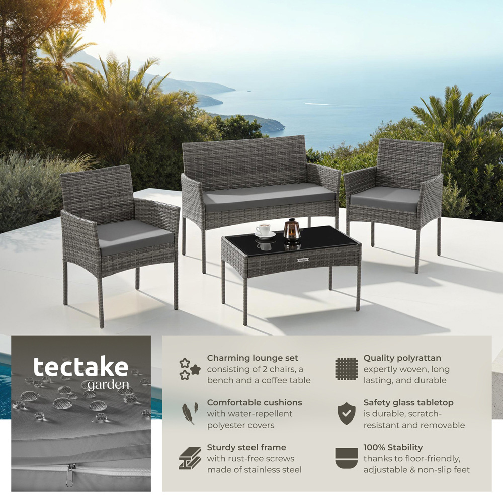 tectake Palese 4 Seater Grey Rattan Garden Sofa Set Image 3