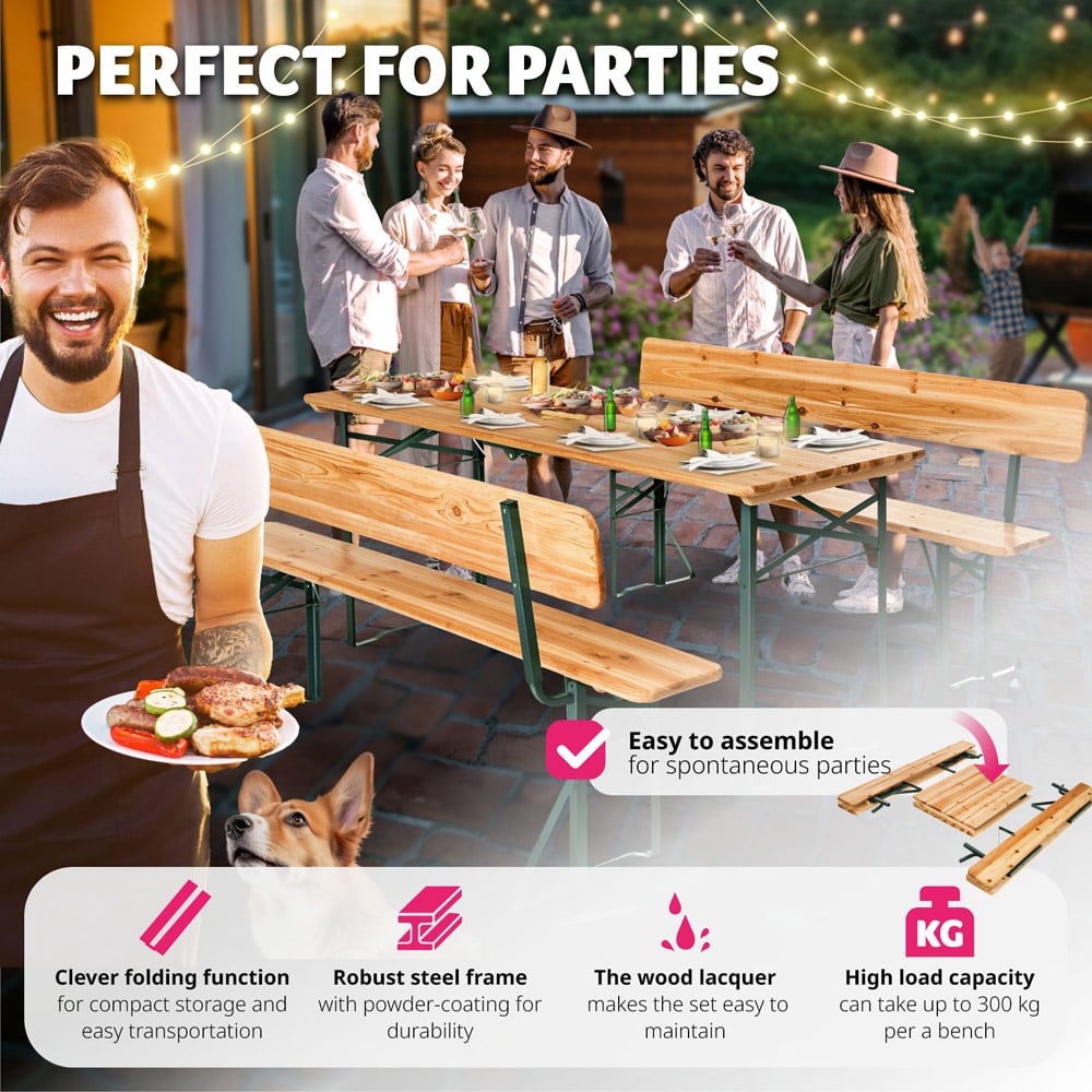 tectake 8 Seater Folding Dining Table with Bench Set Brown Image 5