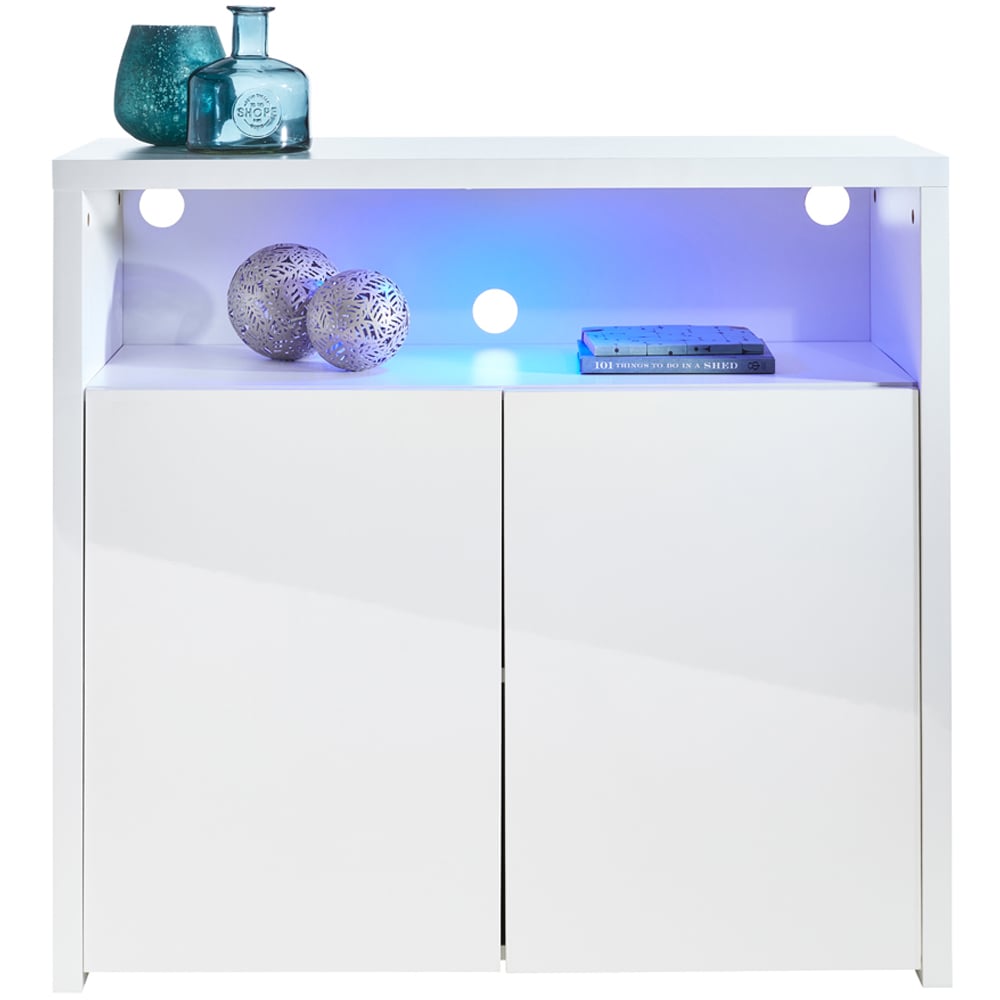 MMT Furniture Designs 2 Door Single Shelf Matt Gloss White Modern Buffet Cabinet with LED Image 3