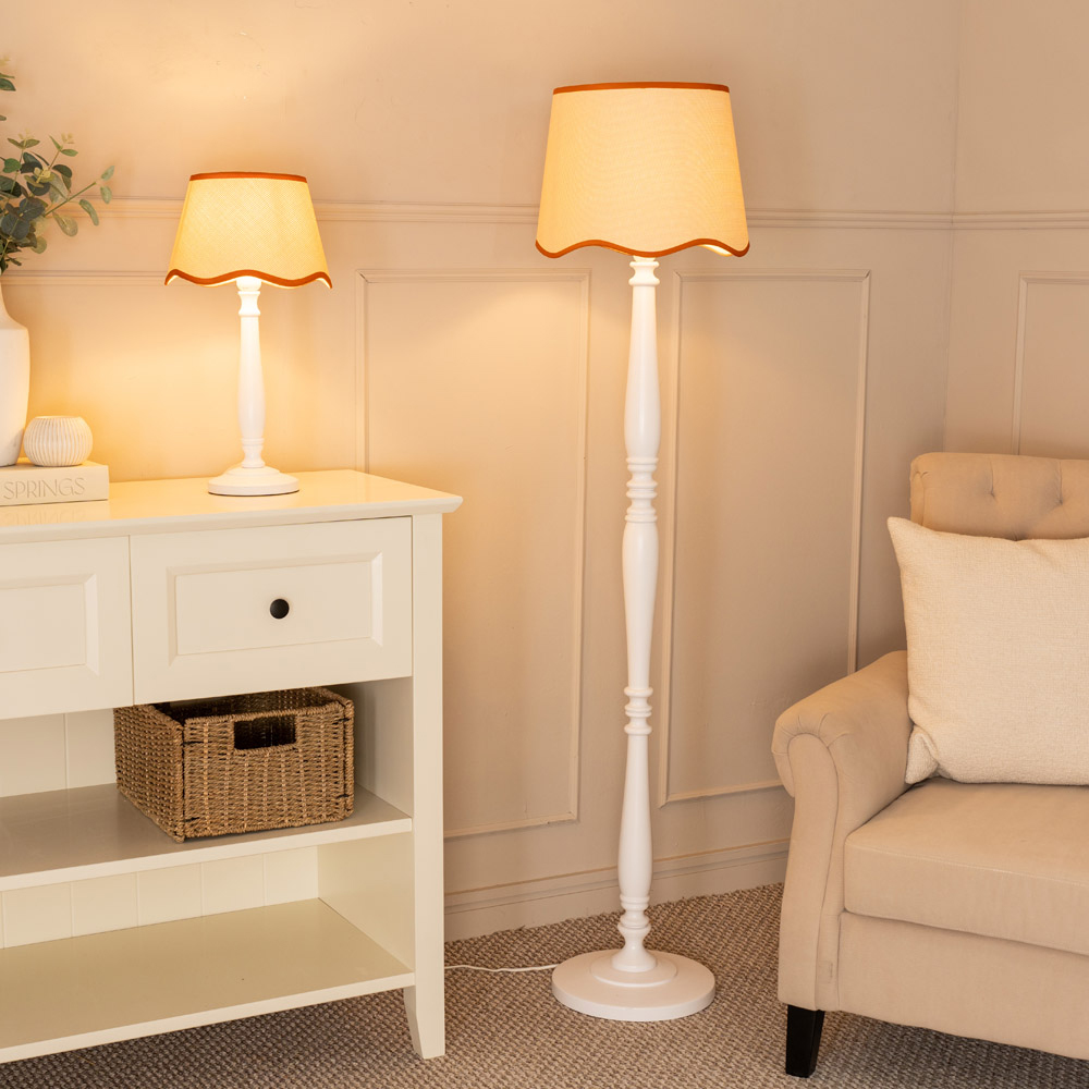 ValueLights Victoria Linen Scallop Rust Edge Shade White Wood Table Lamp Image 4