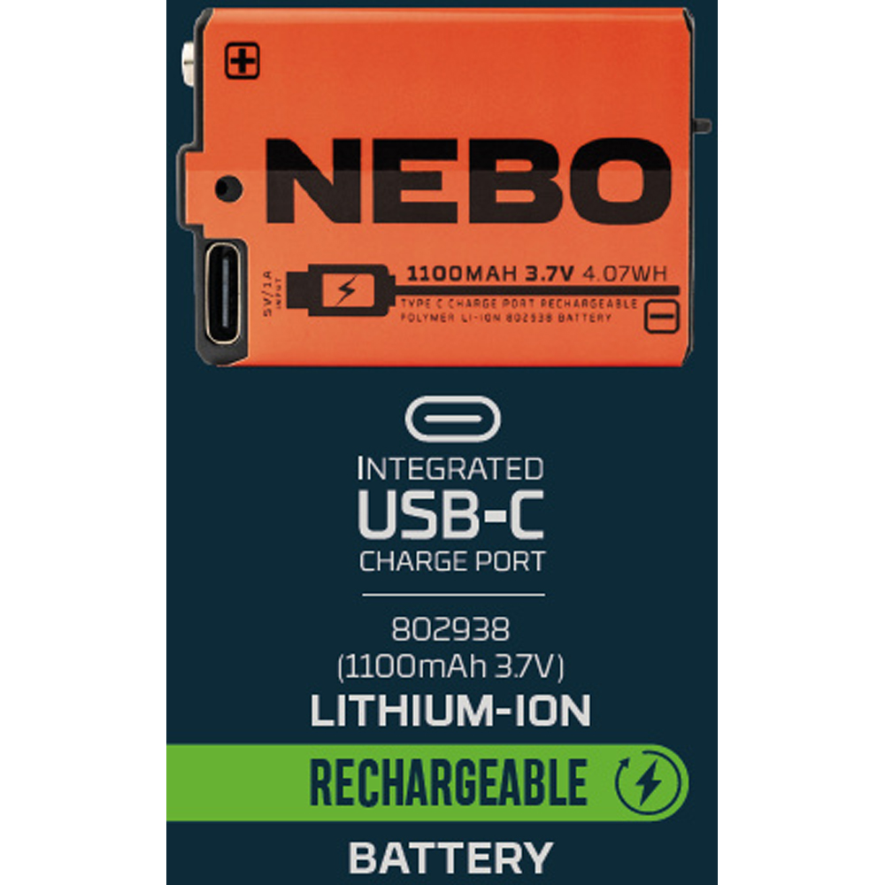 Nebo 802938 3.7V 1100mAh Lithium-Ion Rechargeable Battery with USB-C Charge Port Image 2