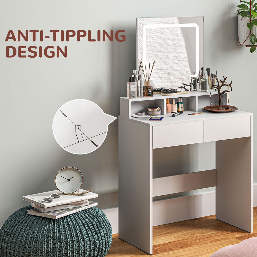 Portland 2 Drawer 2 Shelf White Dressing Table with LED Light Mirror Image 6