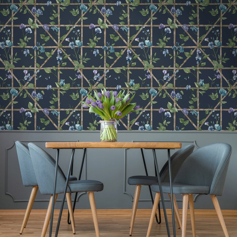 Holden Decor Trailing Floral Trellis Navy Wallpaper Image 3