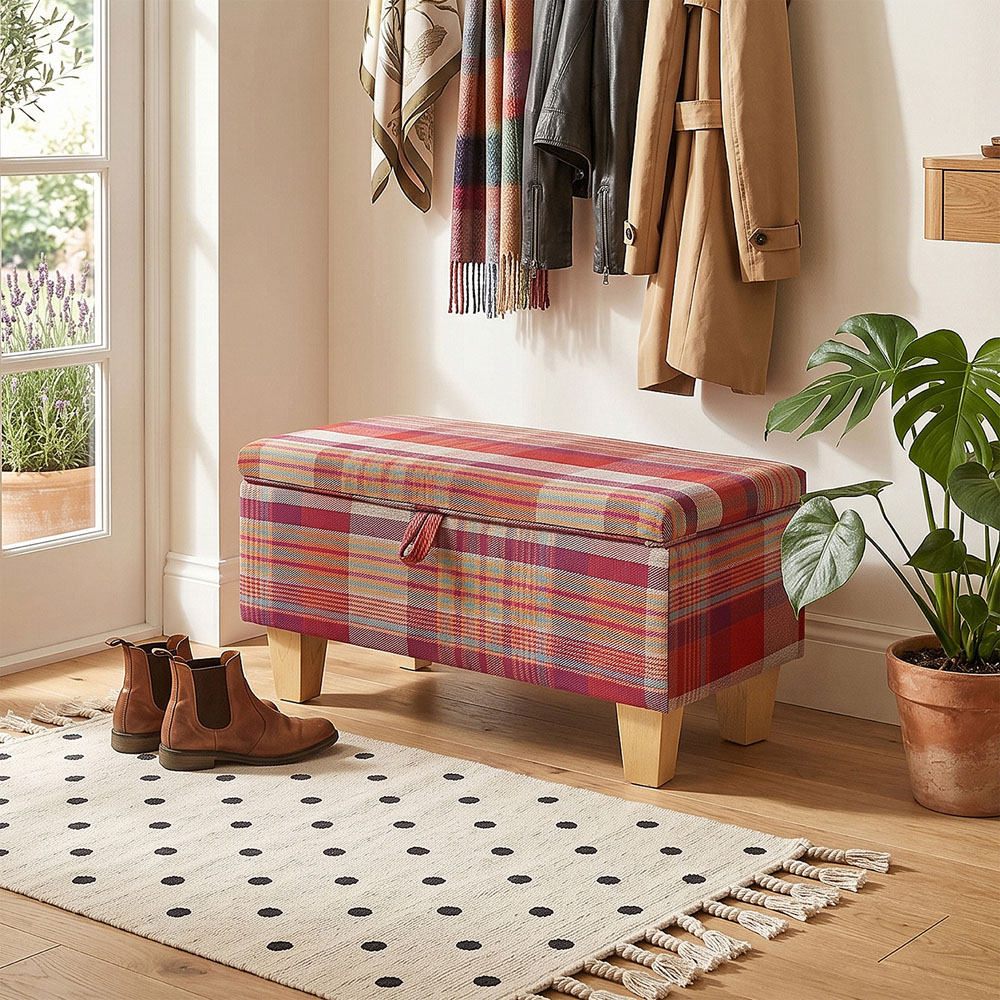 Living and Home Red Tartan Linen Storage Ottoman Bench Image 8
