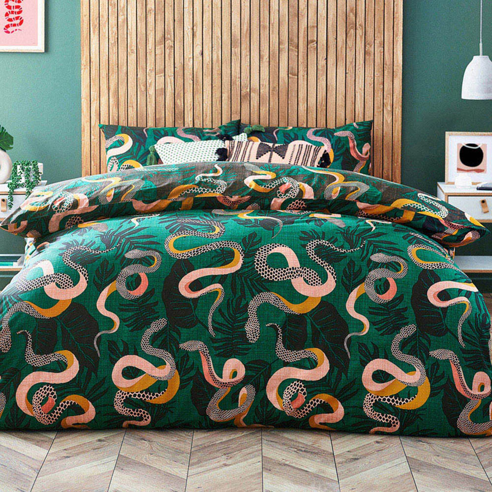 furn. Serpentine Super King Size Green Tropical Duvet Cover Set Image 1