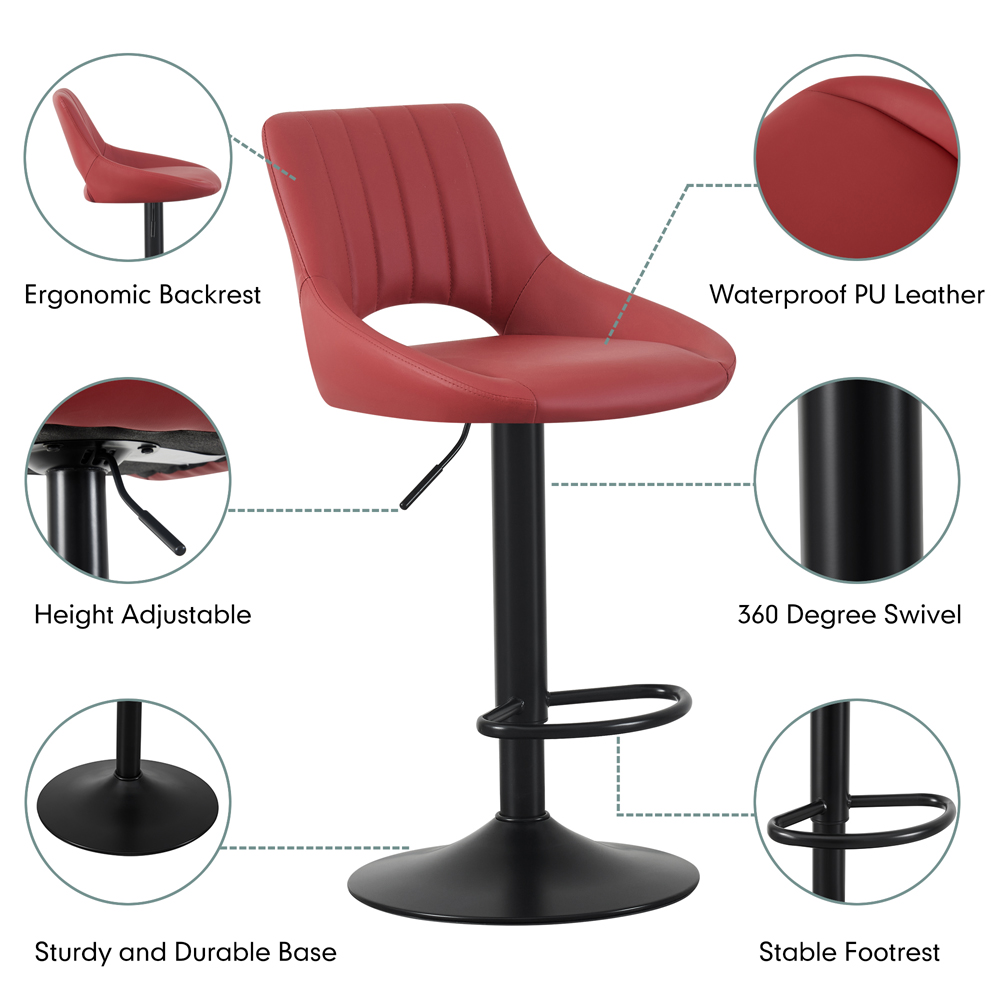 Stacey Red Height Adjustable Kitchen Bar Stool with Footrest Set of 2 Image 3