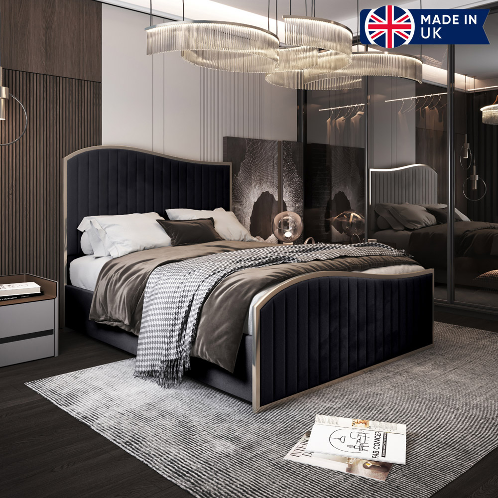 Brixton Black King Size Velvet Upholstered Metal Bed Frame with Wave Headboard Image 6