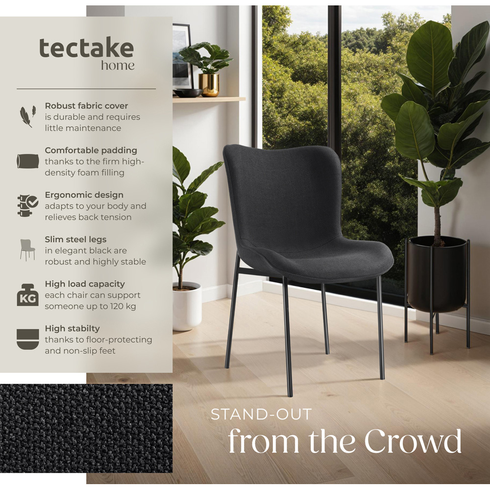 tectake Tessa Set of 4 Black Woven Fabric Padded Dining Chair Image 8