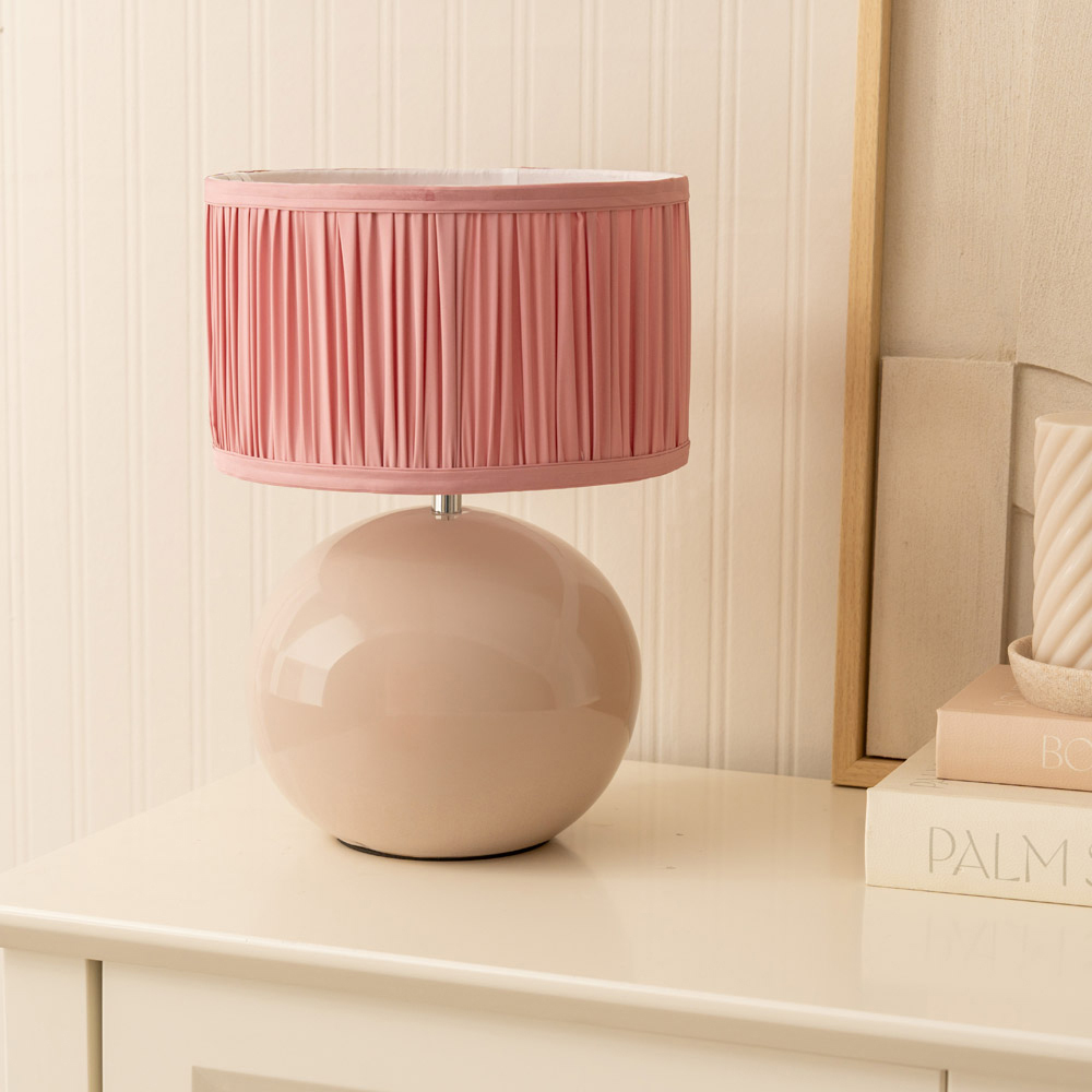 ValueLights Bosco Ruched Pleated Blush Pink Drum Shade Stone Ceramic LED Table Lamp Image 3