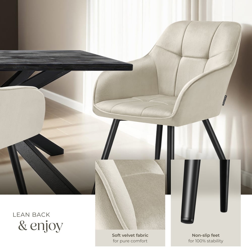 tectake Marilyn Cream and Black Quilted Velvet Dining Chair Image 4