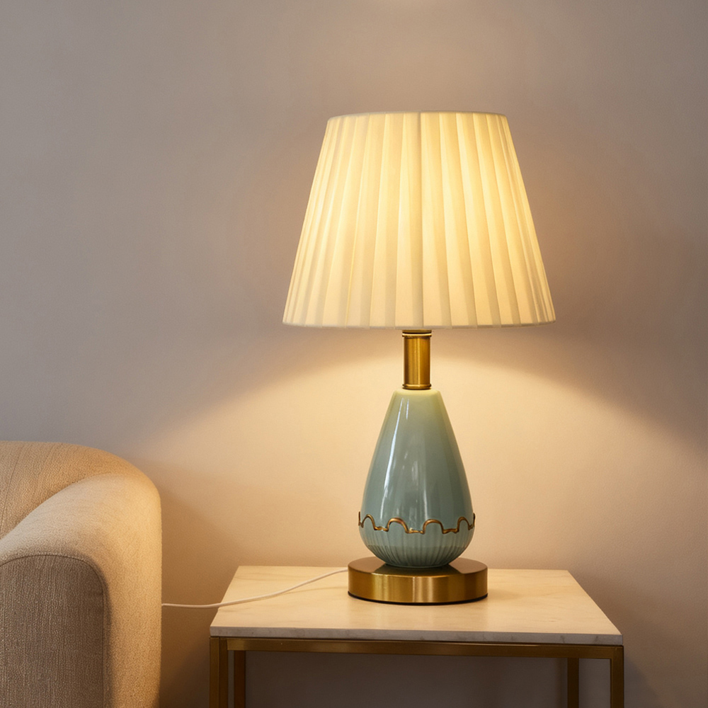 Living and Home Fabric Shade Antique Ceramic and Iron E27 Table Lamp Image 2