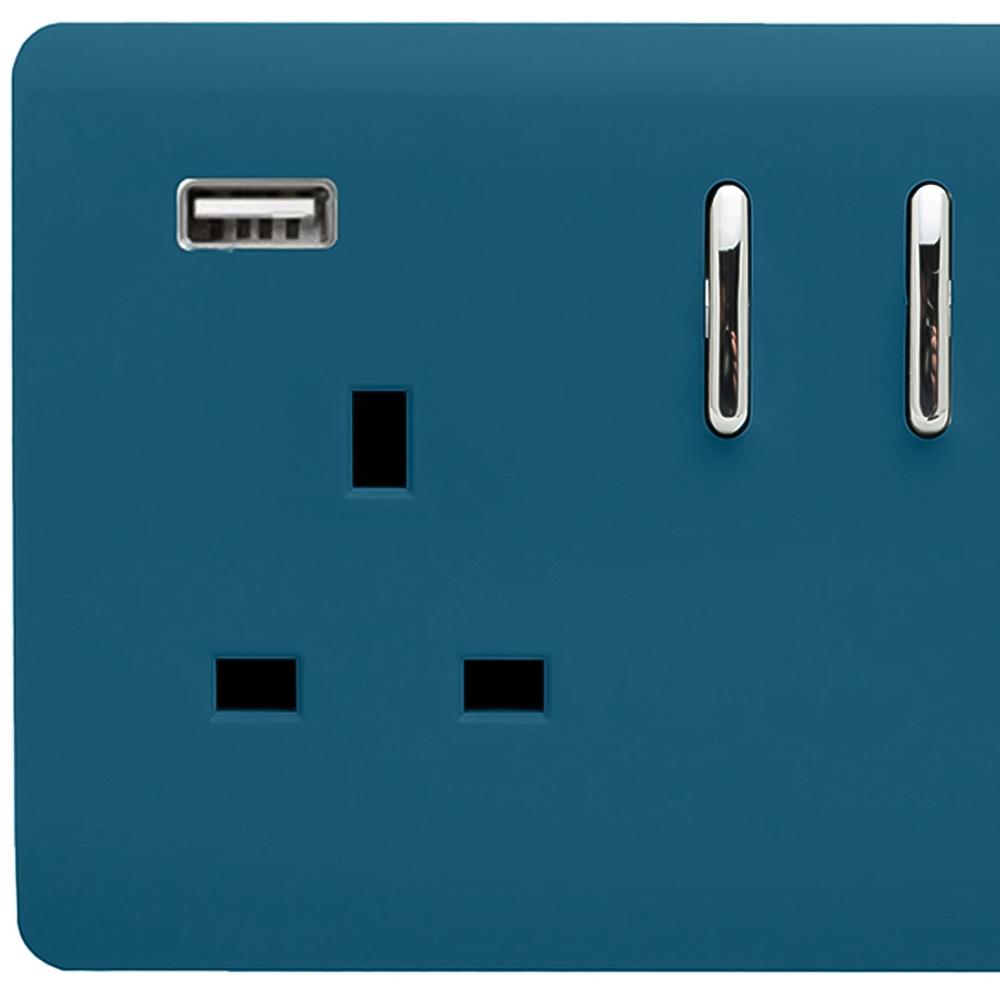 Trendi Switch 2 Gang 13amp 2 Port USB Ocean Blue Switched Plug Socket Image 2