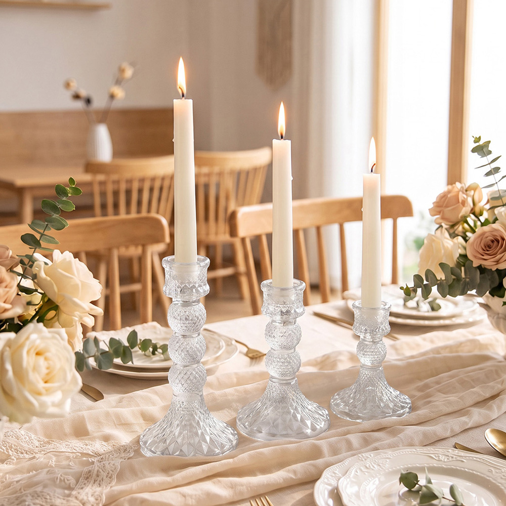 Living and Home Clear Glass Tiered Candlestick Holder Set of 3 Image 8