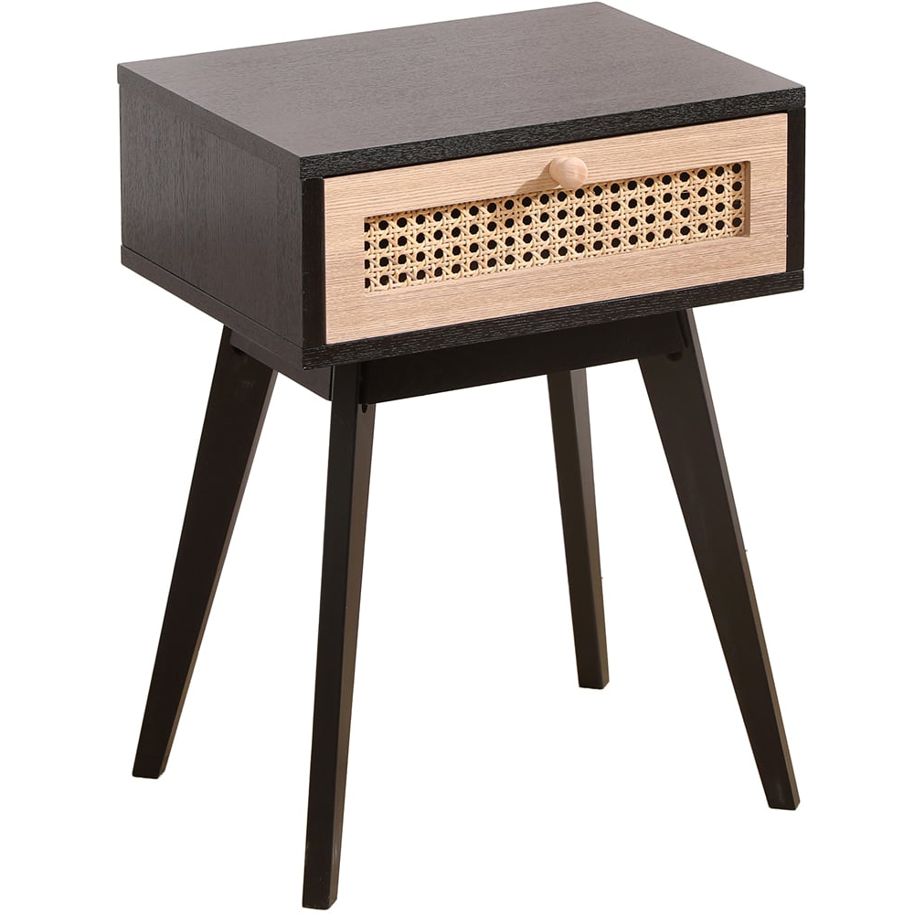 FurnitureHMD Single Drawer Black and Natural Rattan Weaving Side Table with Pine Wood Legs Image 3