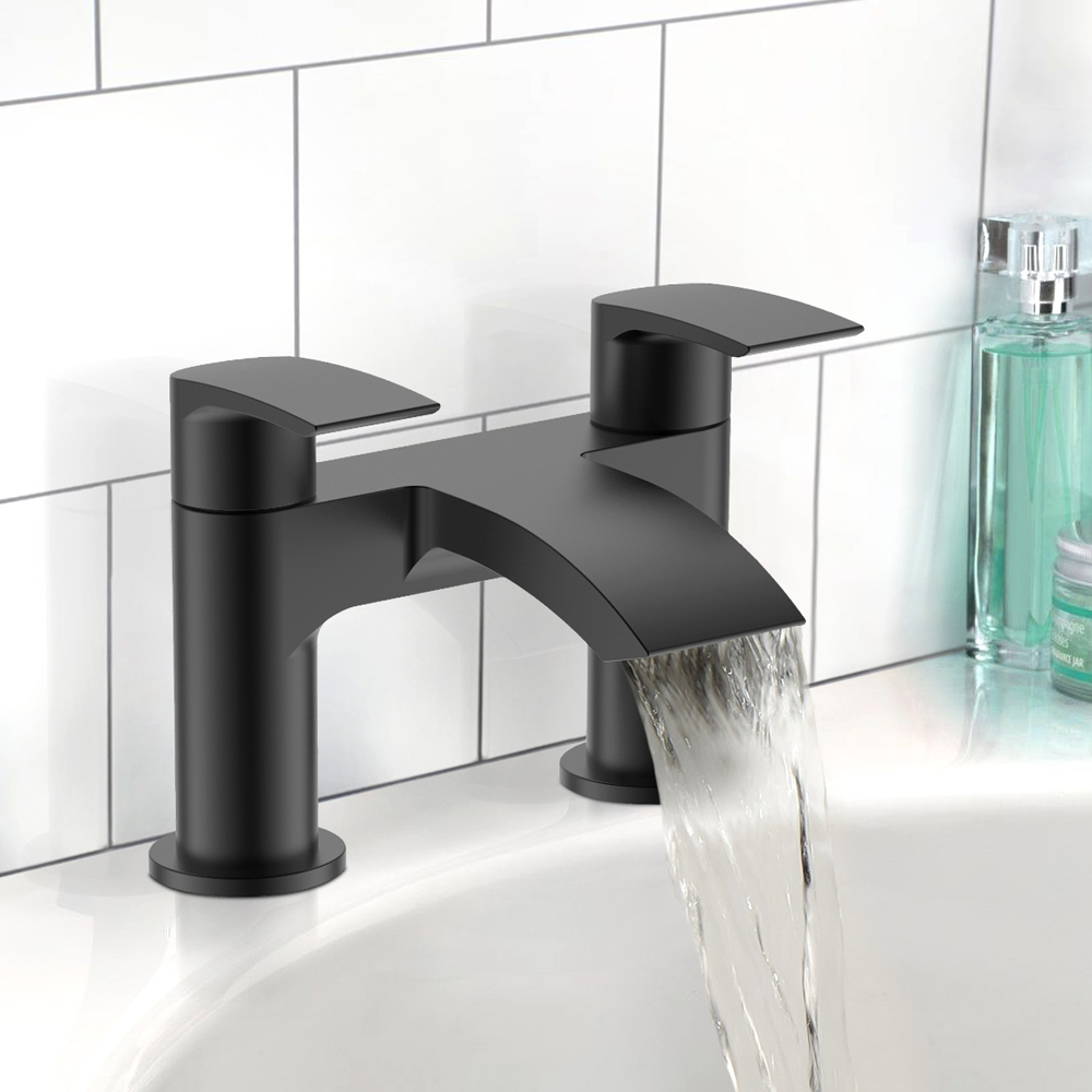Nes Home Libra Waterfall Matte Black Bath Filler Tap and Basin Mixer Tap with Waste Image 2