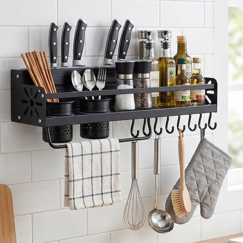Living and Home Black Aluminium Kitchen Storage Rack with Knife Holder 49.2cm Image 2