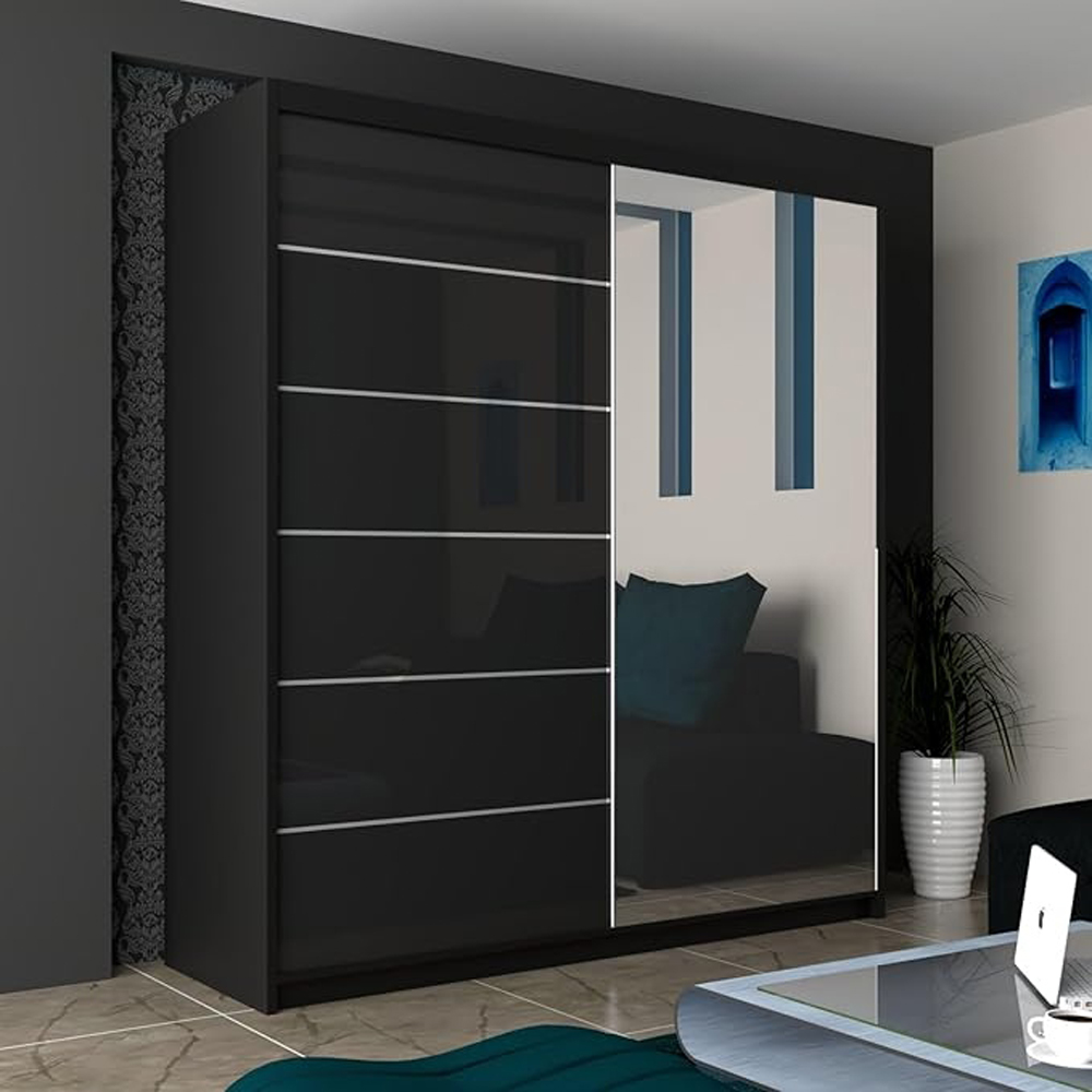 M N Furniture Inovo 2 Door Black High Gloss Mirrored Sliding Wardrobe 200cm Image 3