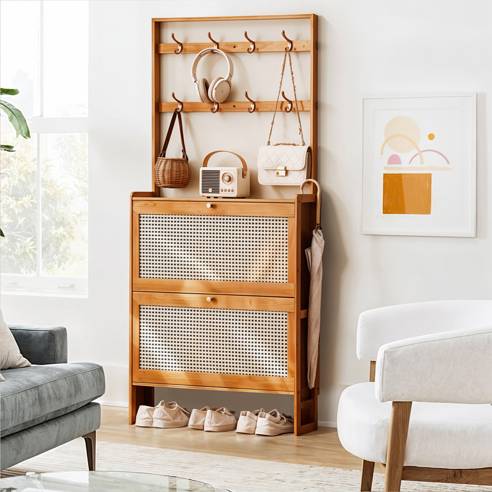 Living and Home 2 Flip Down Drawer Light Taupe Bamboo Shoe Cabinet with 8 Hooks Image 7