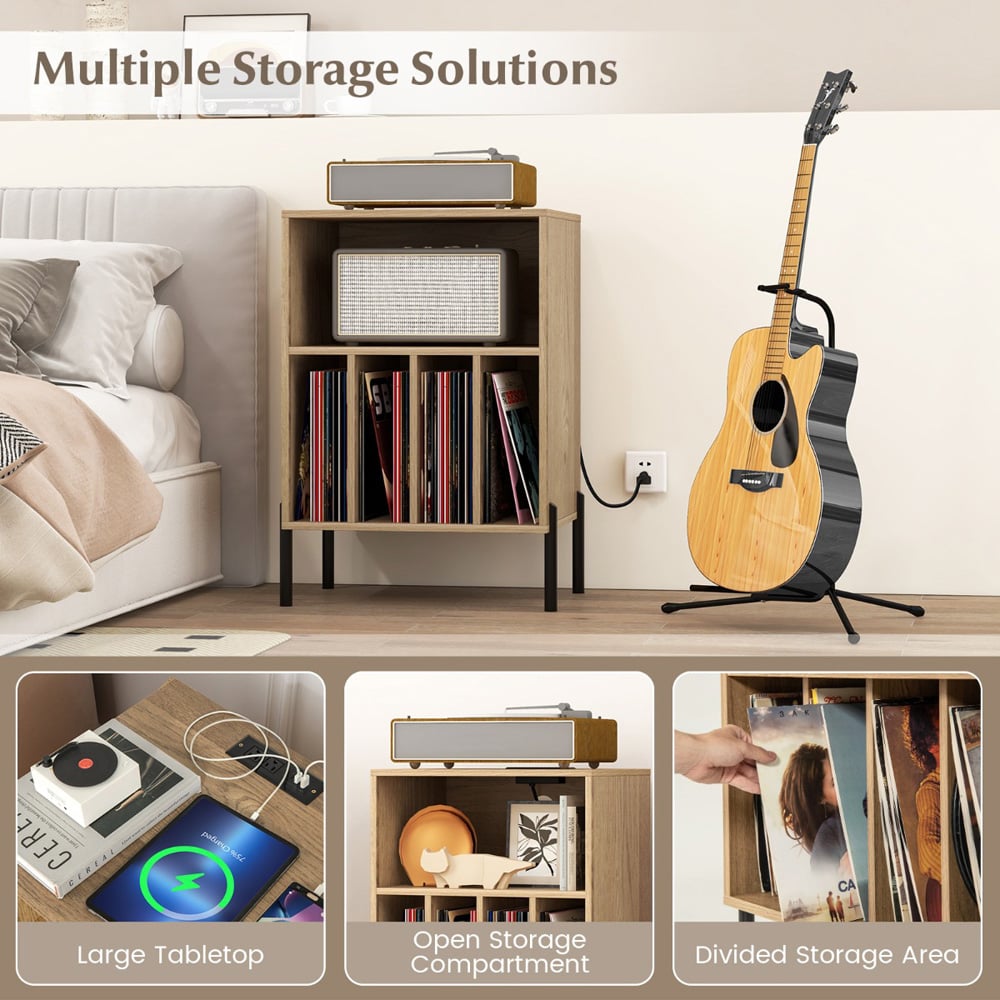 Costway 5 Compartment Natural Record Player Stand with Charging Station Image 6