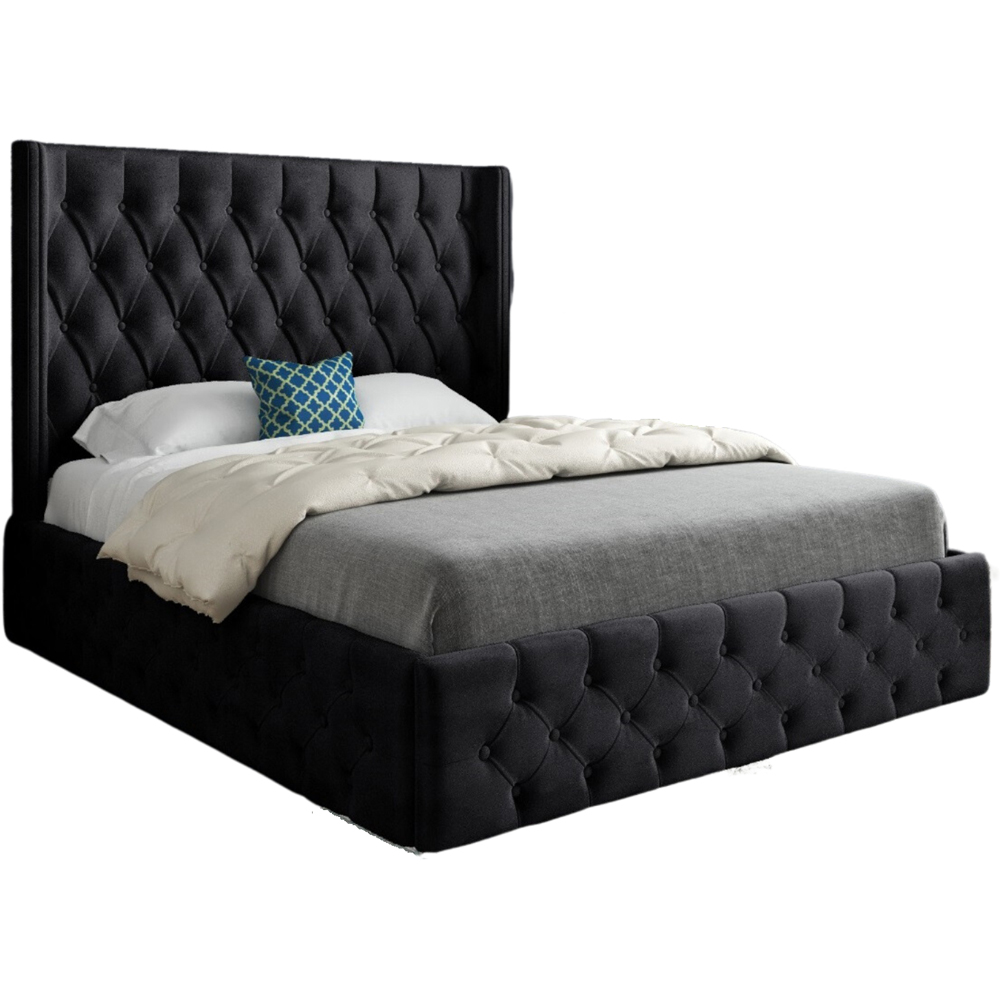 Turin Super King Size Black Soft Velvet Upholstered Bed Frame with Straight Winged Headboard Image 2