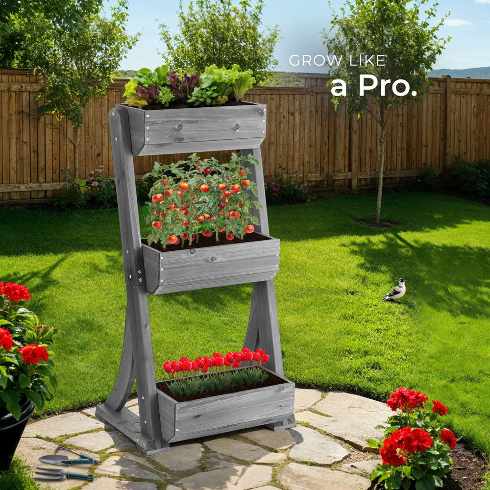 tectake Flora 4-Tier Grey Rustic Wooden Vertical Planter 60 x 49 x 140cm Image 3