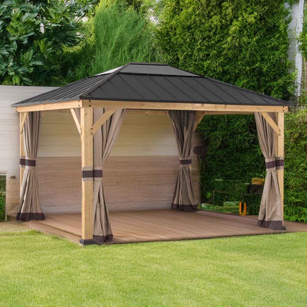 Sunjoy 3.9 x 4.5m Khaki Accessory Curtain for Cedar Wood Gazebo (Gazebo Not Include) Image 1