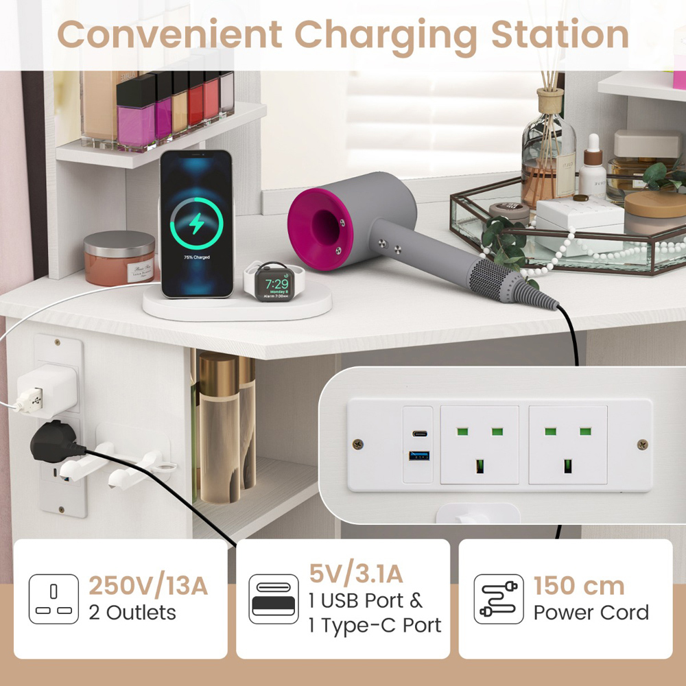 Costway White Vanity Desk with Lighted Mirror and Power Outlet Image 5