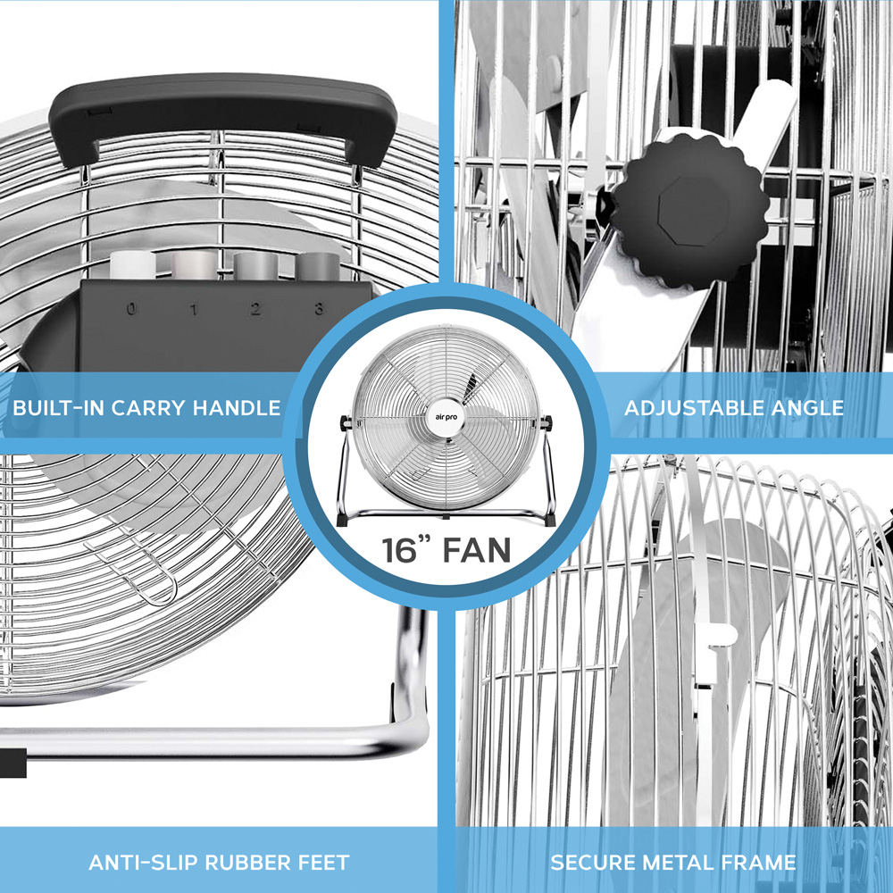 Air Pro Silver Chrome 3 Speed Powerful Air Cooling and Circulating Floor Fan 16 inch Image 7