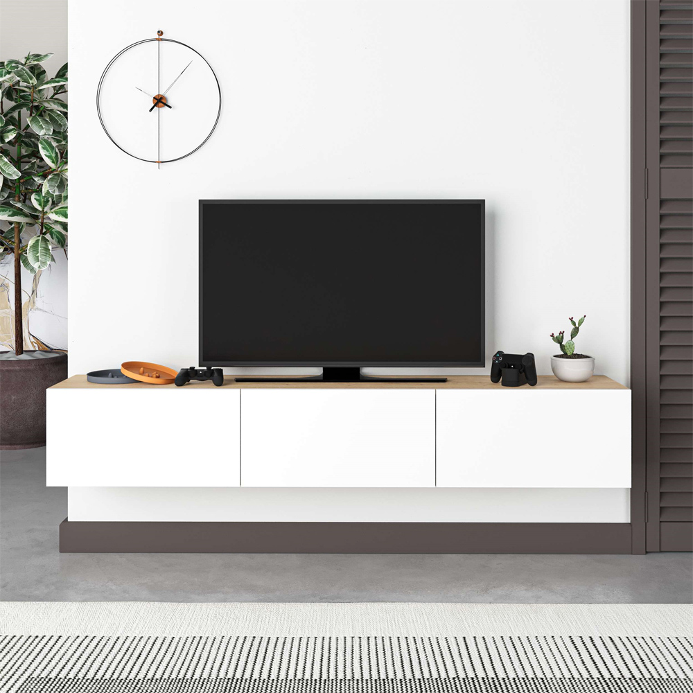 Decortie Francy Oak and White TV Stand with Storage Cabinet Image 5