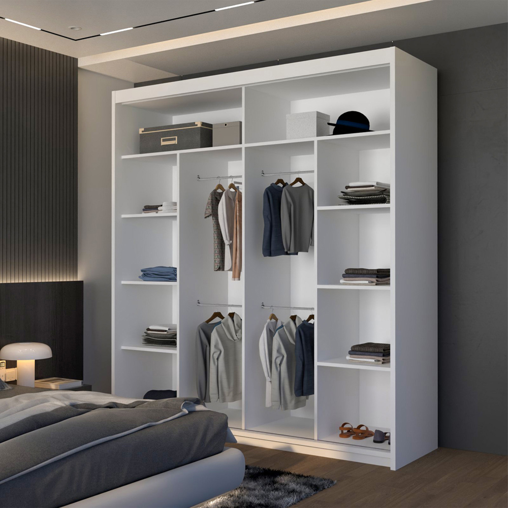 M N Furniture Laiyal 2 Door White Mirrored Sliding Wardrobe with Oak Strip 203cm Image 4