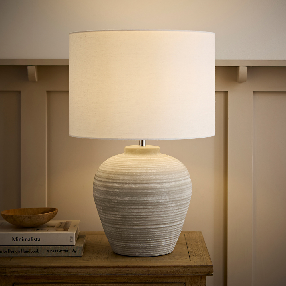 ValueLights Reid Linen Drum Lamp Shade Stone Grey Ribbed Ceramic Large LED Table Lamp Image 7