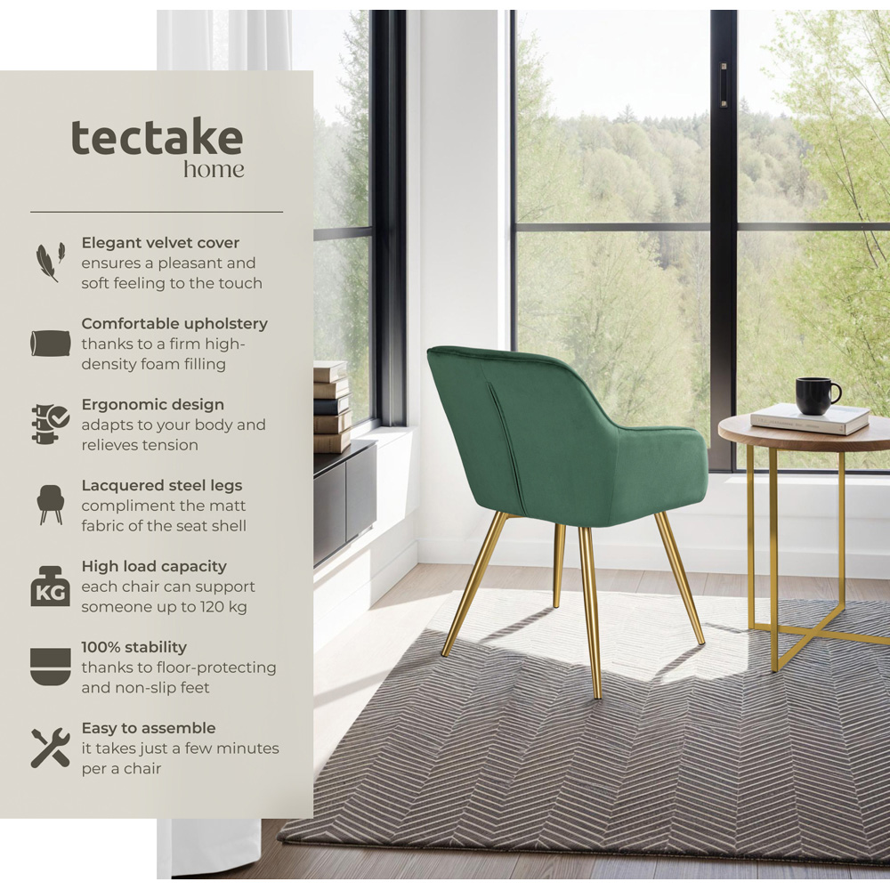 tectake Marilyn Set of 2 Dark Green and Gold Velvet Look Padded Accent Chairs Image 3