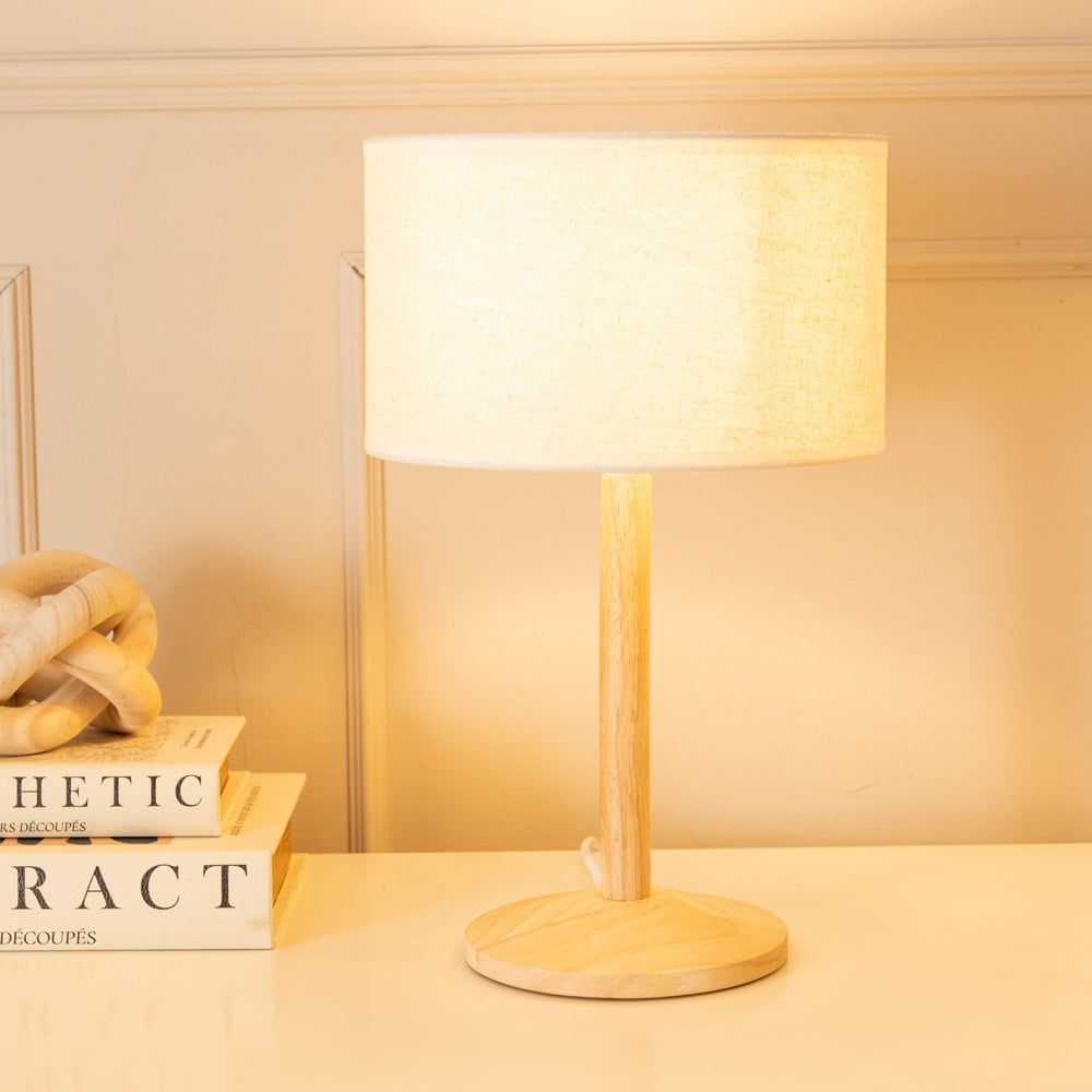 ValueLights Triston Linen White Edge Drum Shade Natural Light Wood Stem LED Table Lamp Image 2