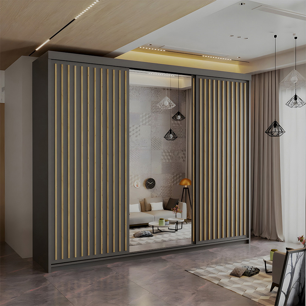 Sliding Wardrobes 4U Royal 3 Door Grey Weave Minimalist Mirrored Wardrobe Image 4