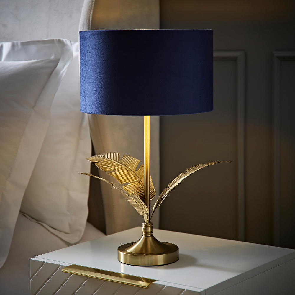 ValueLights Christina Navy Velvet and Gold Palm Leaf Table Lamp with Bulb Image 2