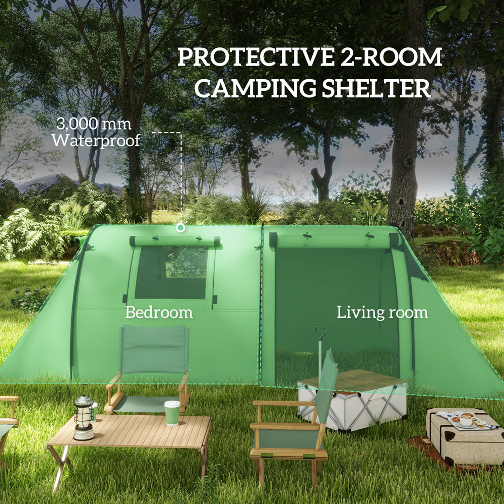 Outsunny 3-4 Person Waterproof Family Camping Tent with Bedroom and Living Room Green Image 4