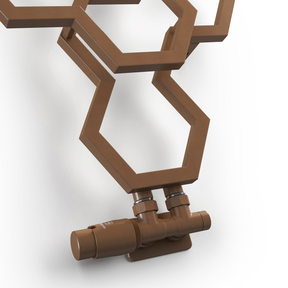 Terma Vario Bright Copper Left Sided Twins Angled Integrated Thermostatic Radiator Valve Set 50mm Image 3