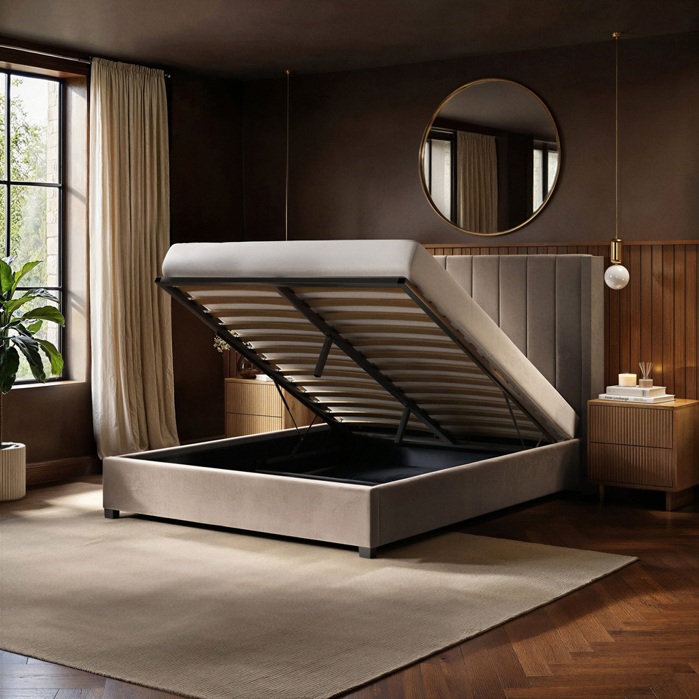 Flair Tiggy Double Beige Velvet Ottoman Bed with Winged Headboard Image 5