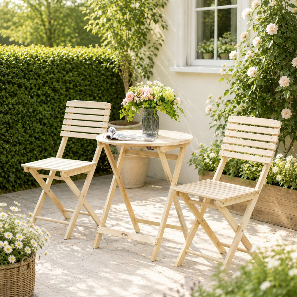 Direct Wicker 2 Seater Sanded Natural Finish Wooden Round Foldable Bistro Set Image 3