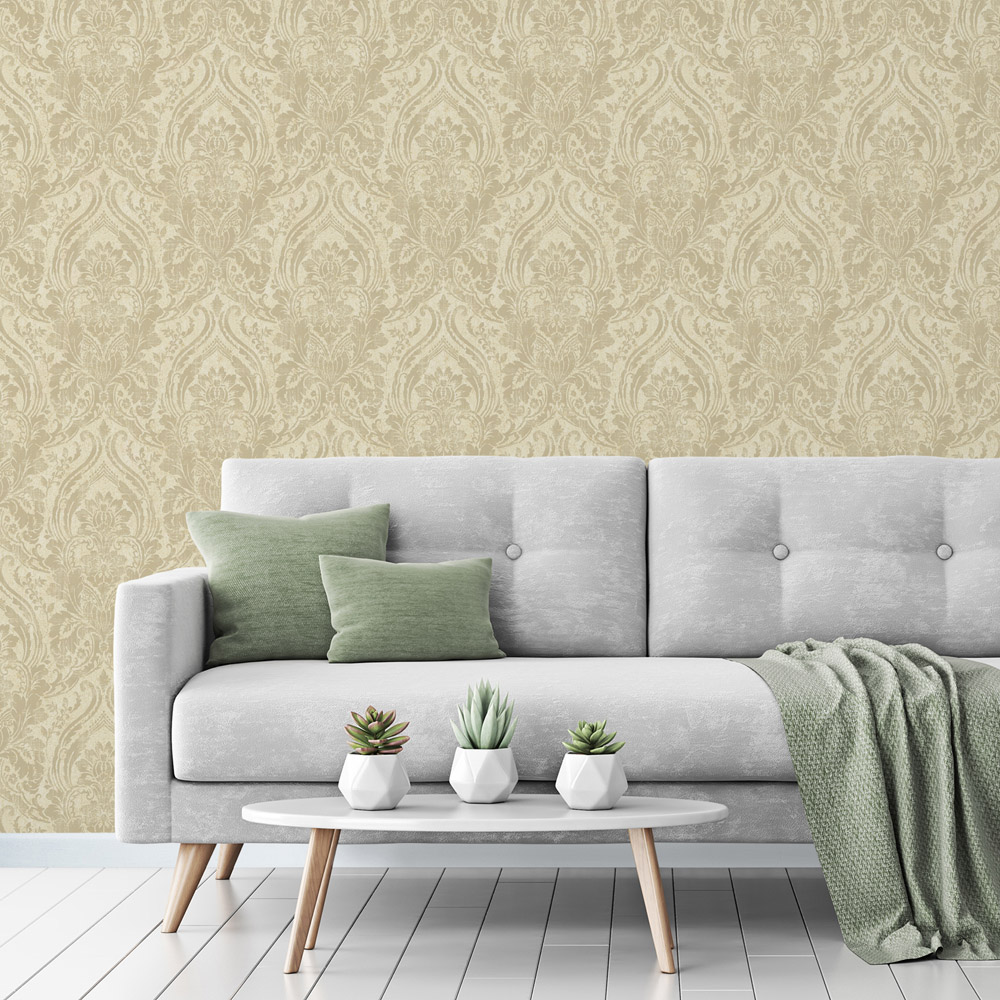 Grandeco Distressed Metallic Textured Damask Cream Wallpaper Image 2