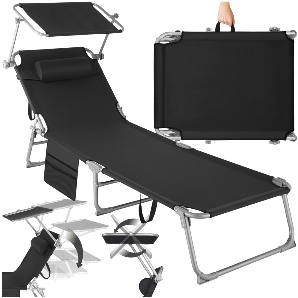 tectake Black Foldable Sun Lounger with Sun Canopy Image 2