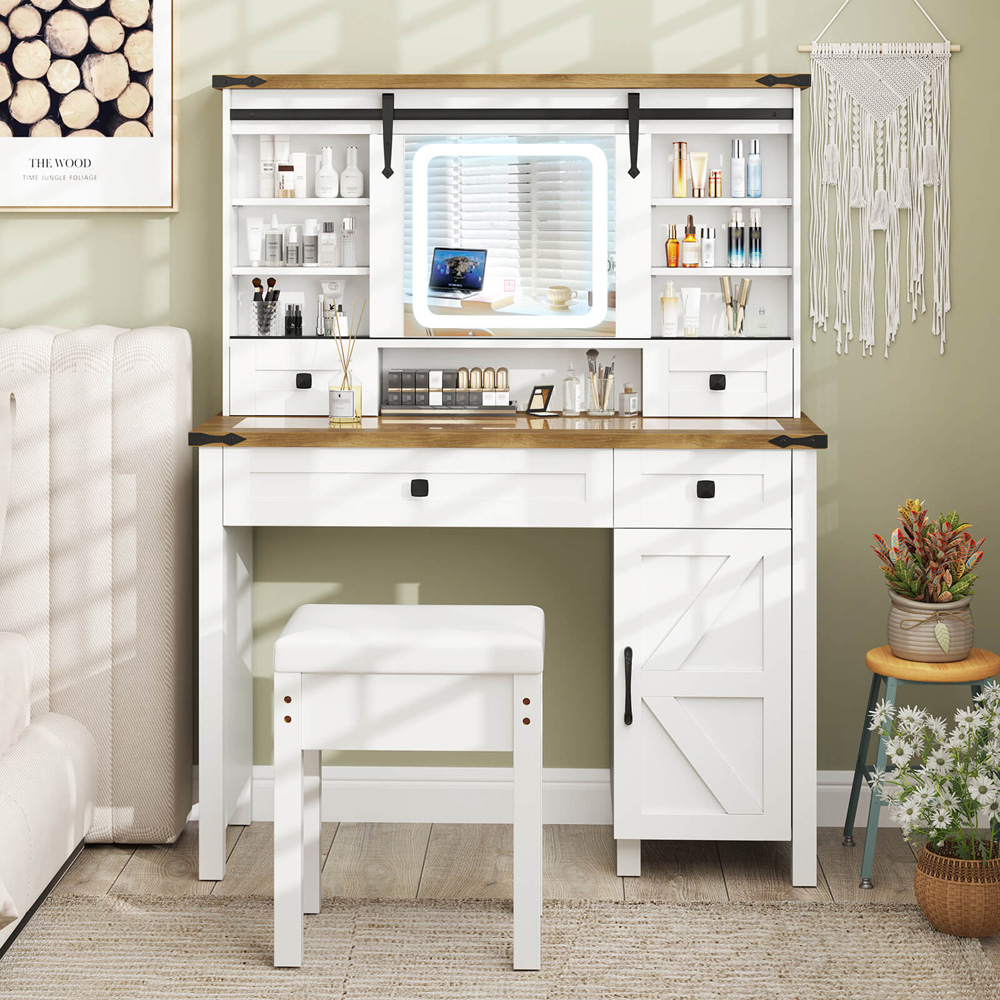 Costway White Vanity Desk and Stool Set with Sliding Mirror Image 3