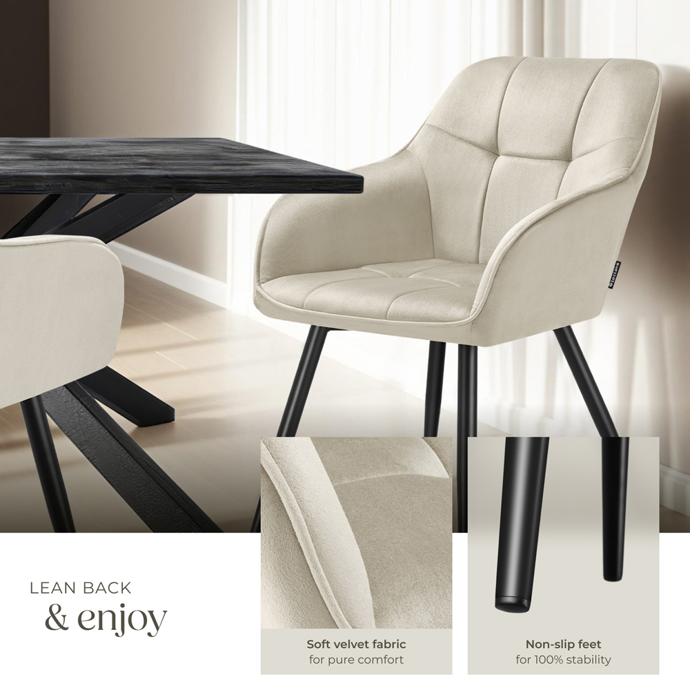 tectake Marilyn Set of 6 Cream and Black Velvet Quilted Dining Chair with Armrest Image 4