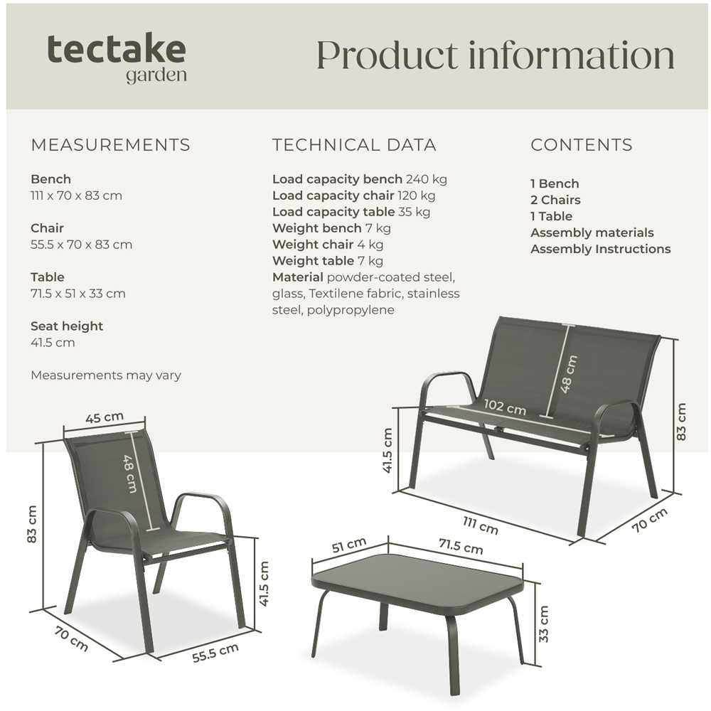 tectake Nora 4 Seater Anthracite Textilene Fabric Outdoor Seating Table Set Image 9